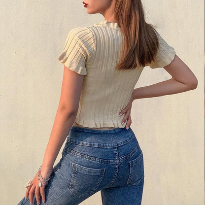 Short sleeve ribbed ruffled buttoned crop top