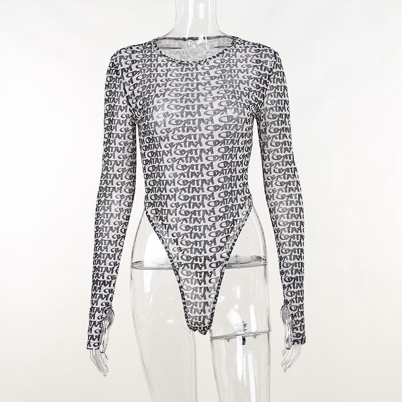 Long sleeve round neck contrast print sheer mesh gloves bodysuit