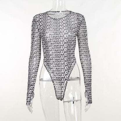 Long sleeve round neck contrast print sheer mesh gloves bodysuit