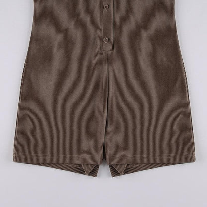 Turnover collar ribbed button romper