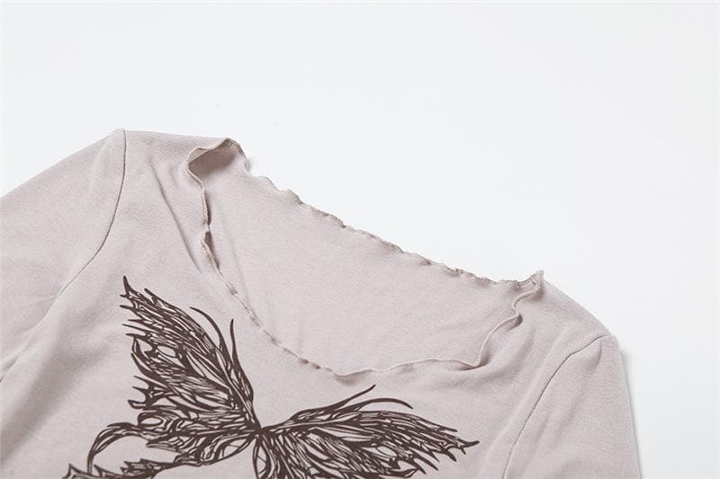 Butterfly pattern ruffle long sleeve contrast crop top