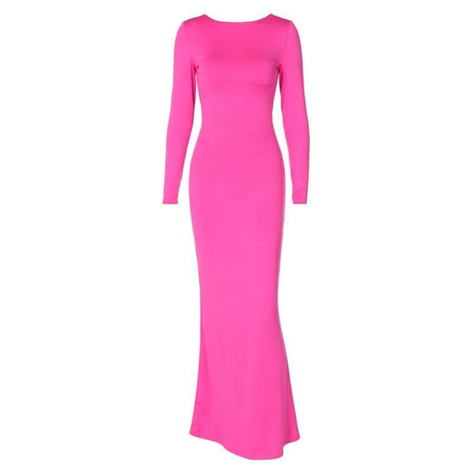 Long sleeve backless lace up ruched solid maxi dress-final-sale