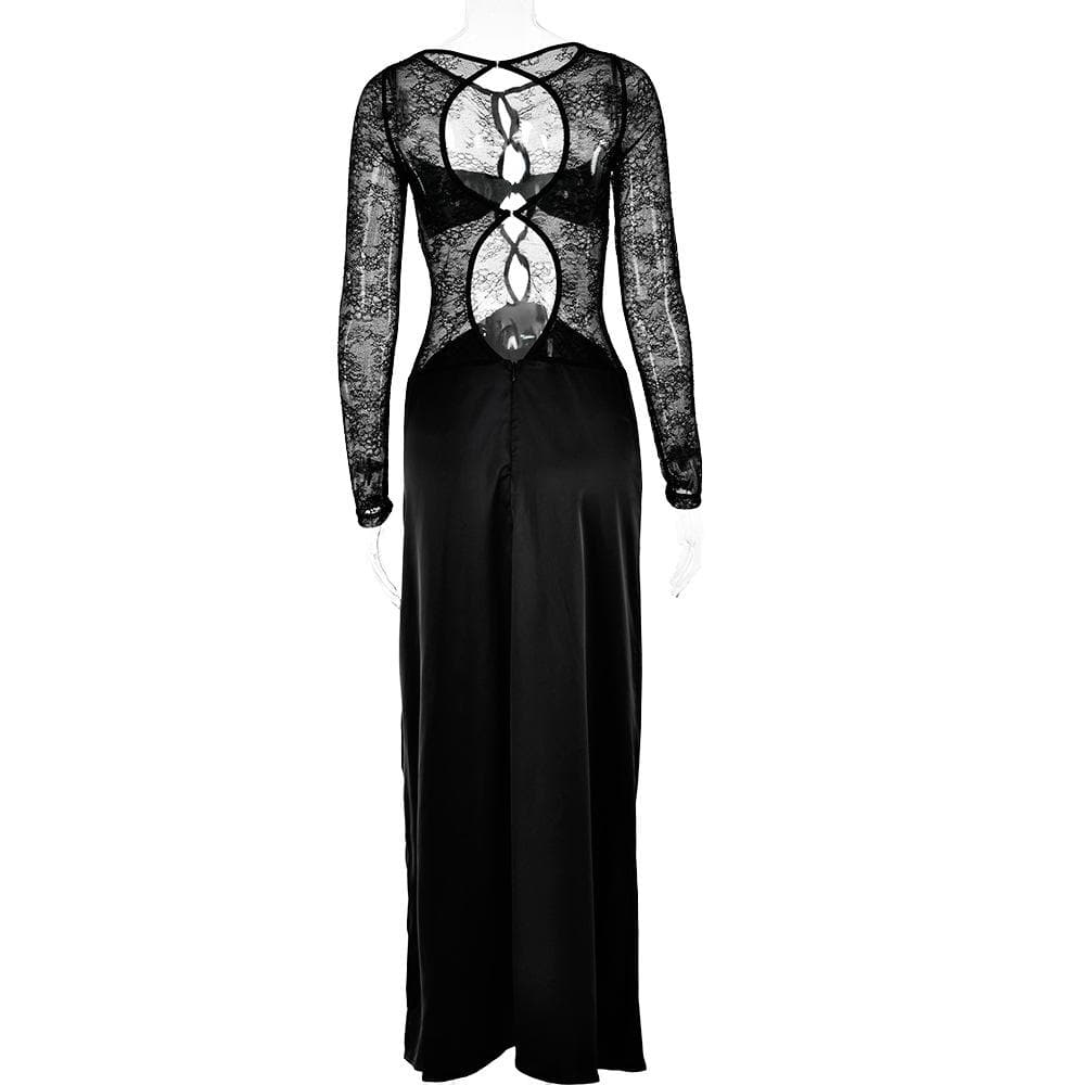 Long sleeve crewneck lace hollow out high slit cut out maxi dress