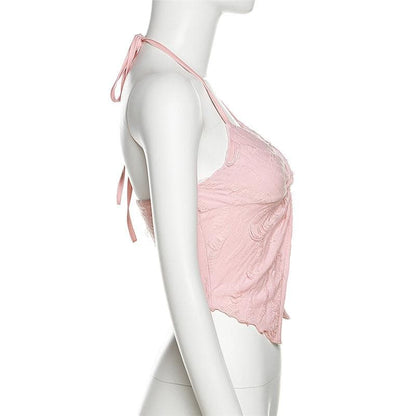 Halter self tie v neck textured knotted slit crop top