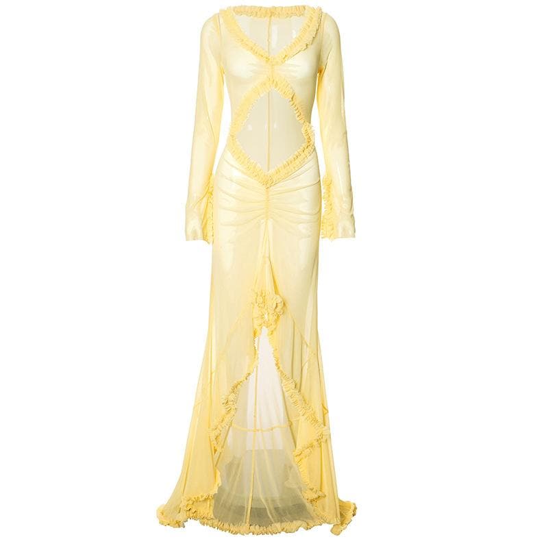 Long sleeve ruffle hollow out v neck sheer mesh cut out maxi dress
