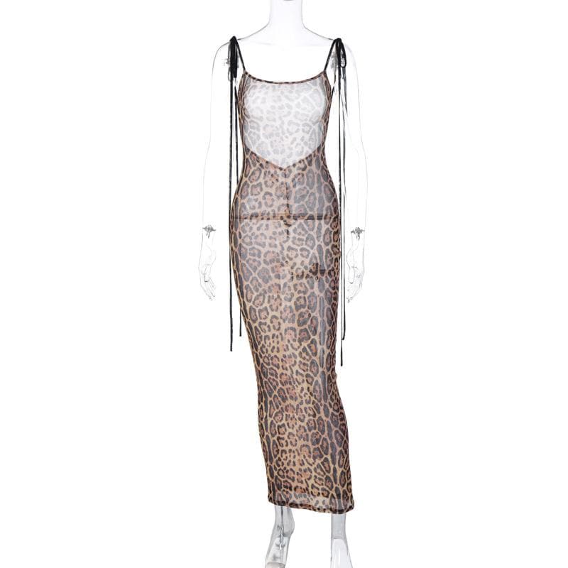 Sheer Mesh Tie Shoulder Halter Backless Bodycon Maxi Dress