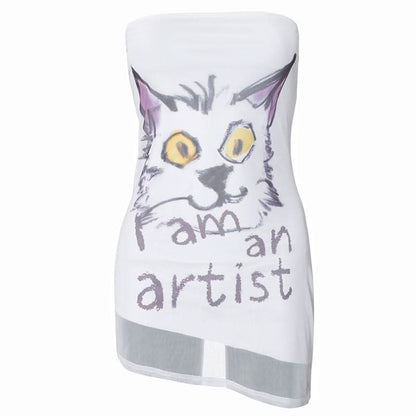 Mesh irregular cat letter print tube backless top