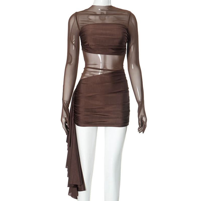 Long sleeve mesh patchwork ruched mini dress