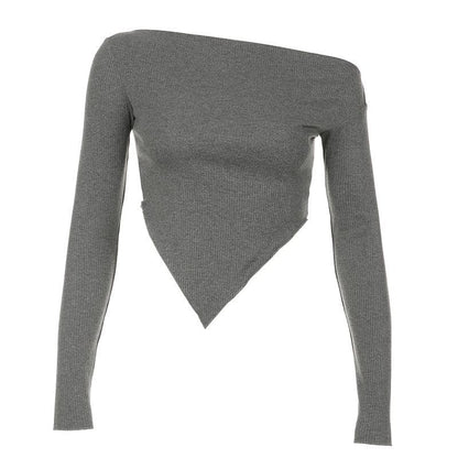 Long sleeve irregular slit off shoulder solid top