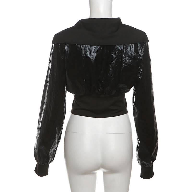 Turnover collar long sleeve PU leather zip-up coat top