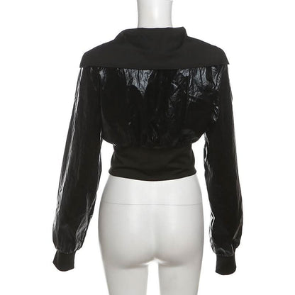 Turnover collar long sleeve PU leather zip-up coat top