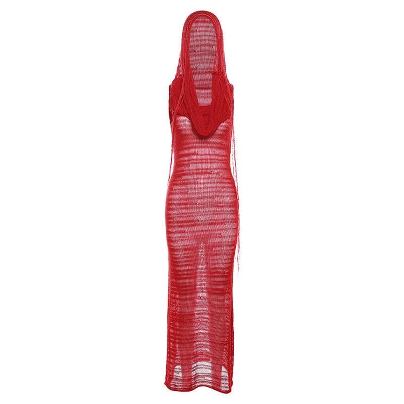 Crochet solid hoodie sleeveless see through maxi dress-final-sale