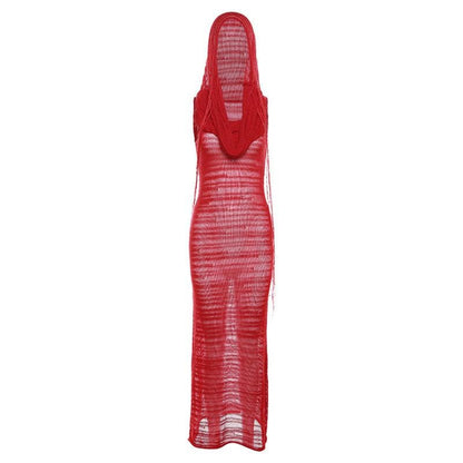 Crochet solid hoodie sleeveless see through maxi dress-final-sale