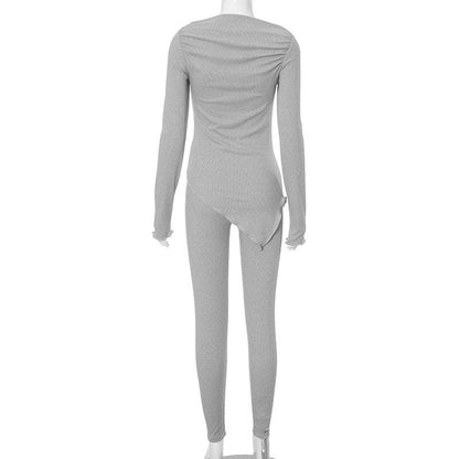 Long sleeve irregular ruched solid pant set