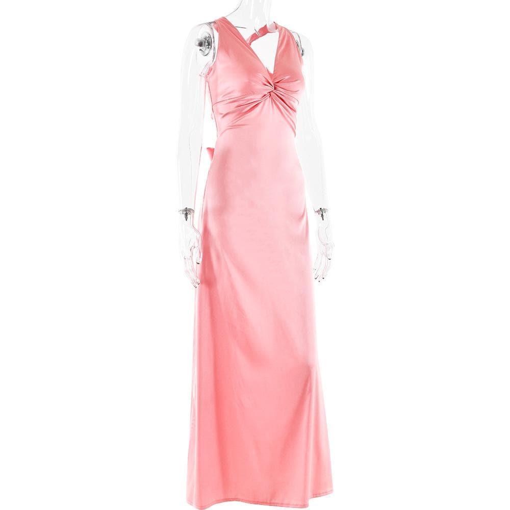 Ruched bowknot v neck satin cross back maxi dress