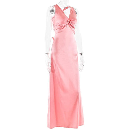 Ruched bowknot v neck satin cross back maxi dress
