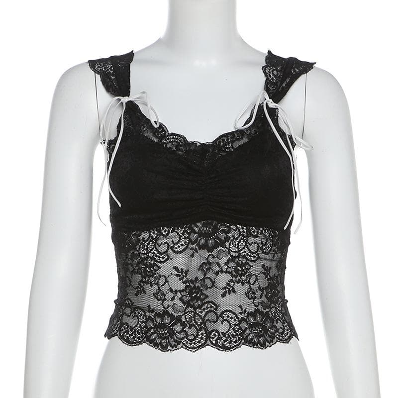 Lace bowknot ruched patchwork cami top