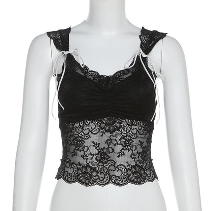 Lace bowknot ruched patchwork cami top