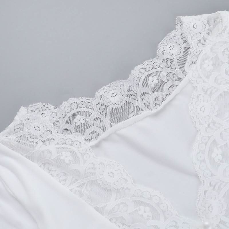 Long sleeve v neck lace hem button top