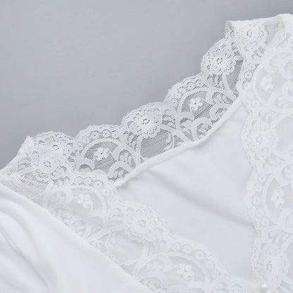 Long sleeve v neck lace hem button top