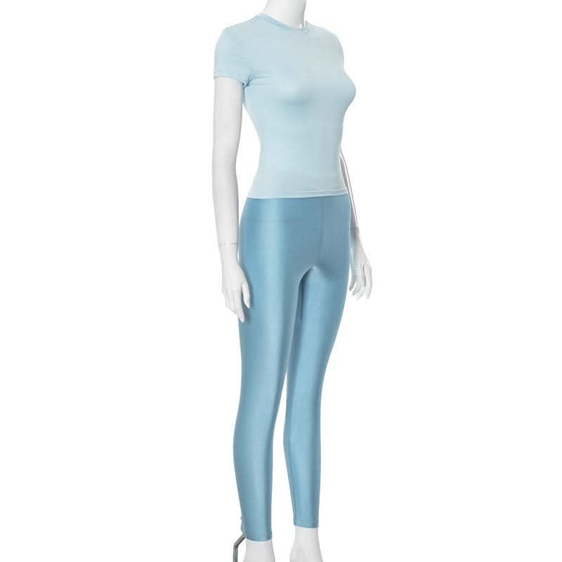 Short sleeve crewneck high rise solid pant set