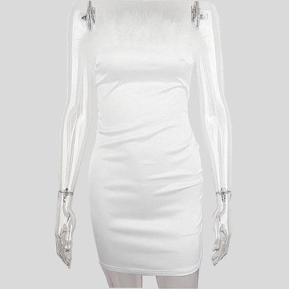 Feather off shoulder solid backless tube dress