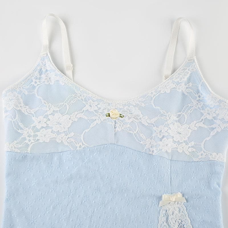 Lace slit flower applique bowknot cami top