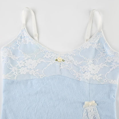 Lace slit flower applique bowknot cami top