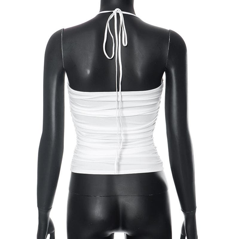 Button ruched solid halter backless crop top