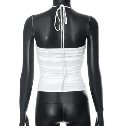 Button ruched solid halter backless crop top