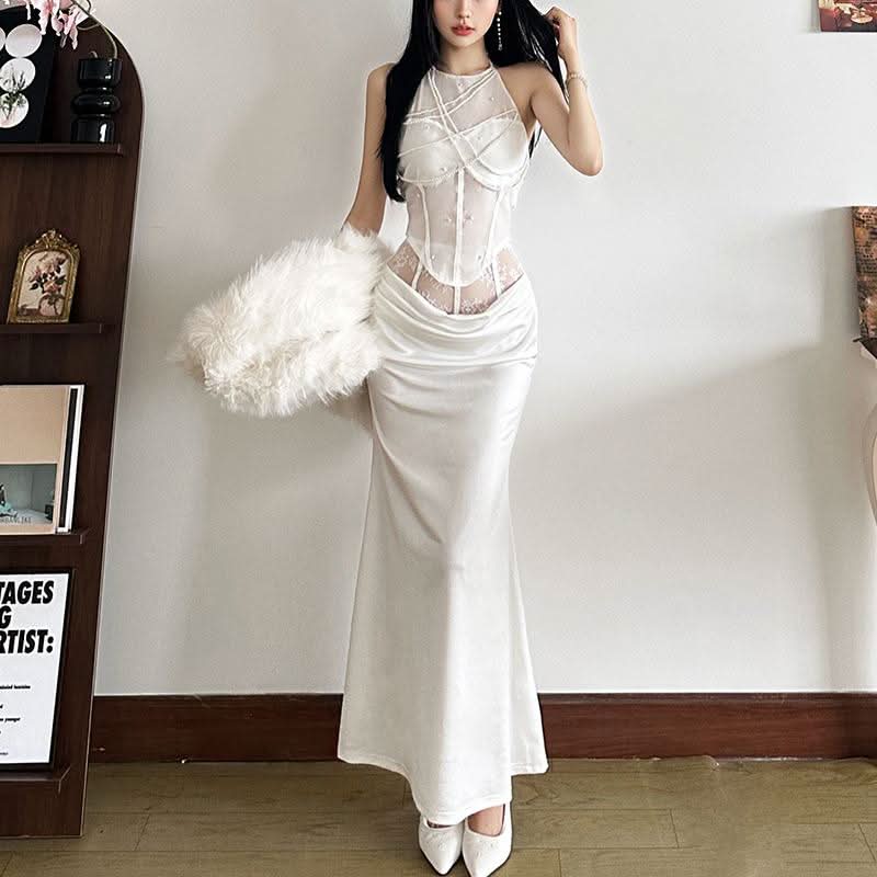 Halter beaded backless solid top