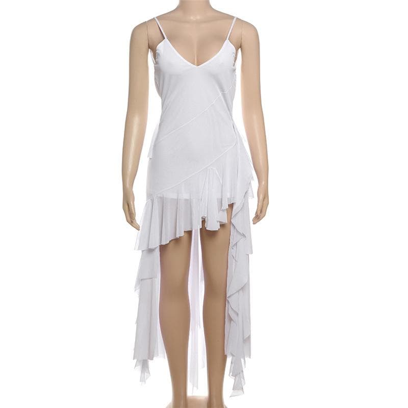V neck sheer mesh ruffle cami midi dress