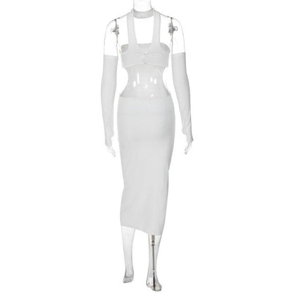Gloves halter solid button hollow out backless cut out midi dress