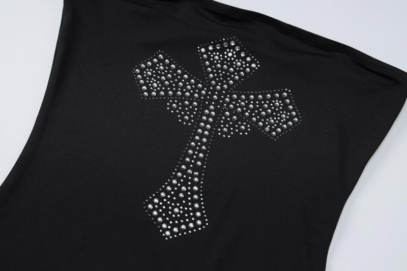 Cross pattern beaded backless tube mini dress