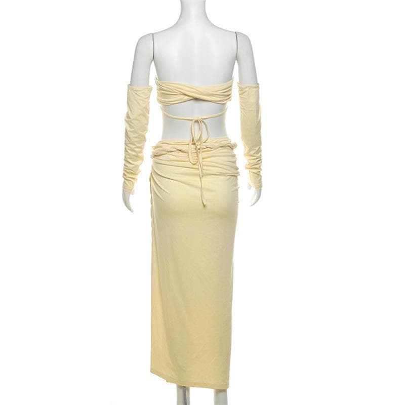 Gloves one shoulder high slit self tie maxi skirt set-final-sale