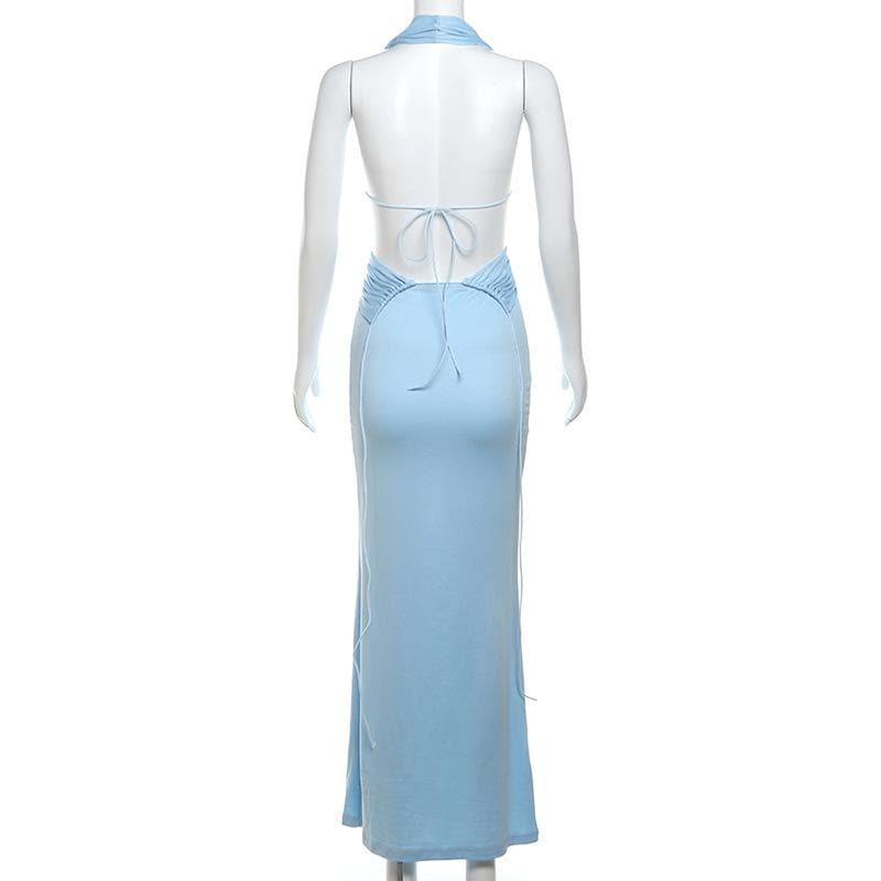 Halter deep v neck ruched backless maxi dress