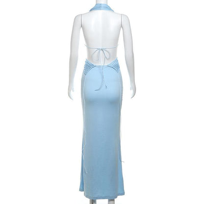 Halter deep v neck ruched backless maxi dress