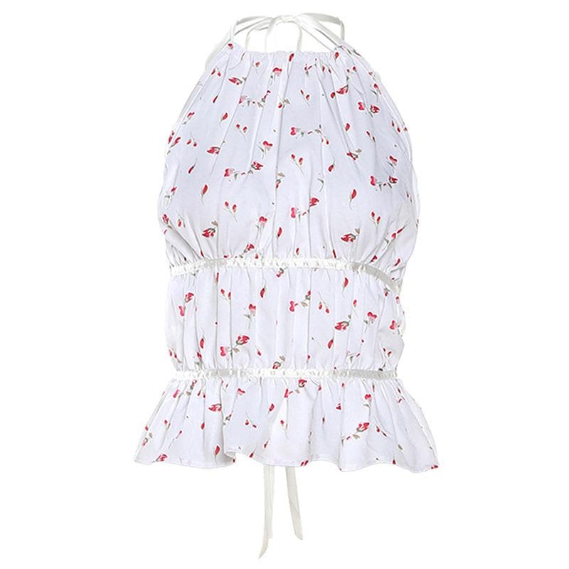 Flower print contrast ruched backless self tie halter top