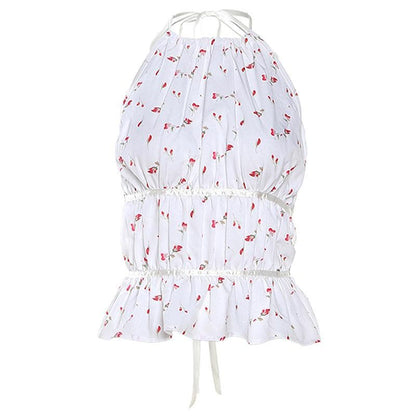 Flower print contrast ruched backless self tie halter top