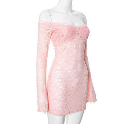 Long flared sleeve off shoulder lace see through mini dress