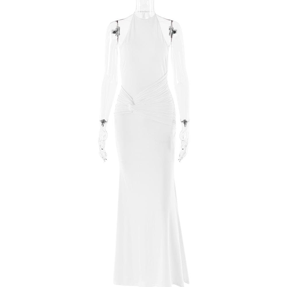 Halter backless knotted ruched maxi dress