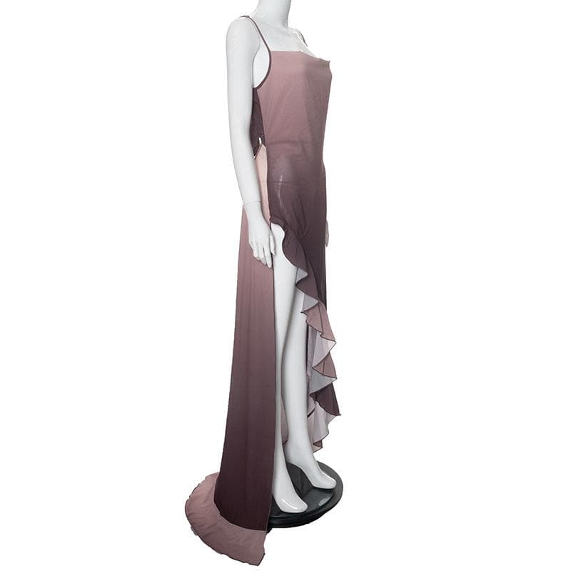 Gradient cowl neck see through ruffle cami maxi dress