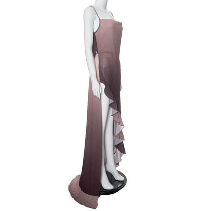 Gradient cowl neck see through ruffle cami maxi dress