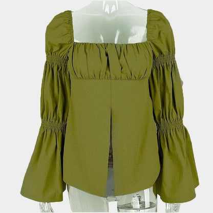 Flared pleated sleeve smocked square neck slit solid top