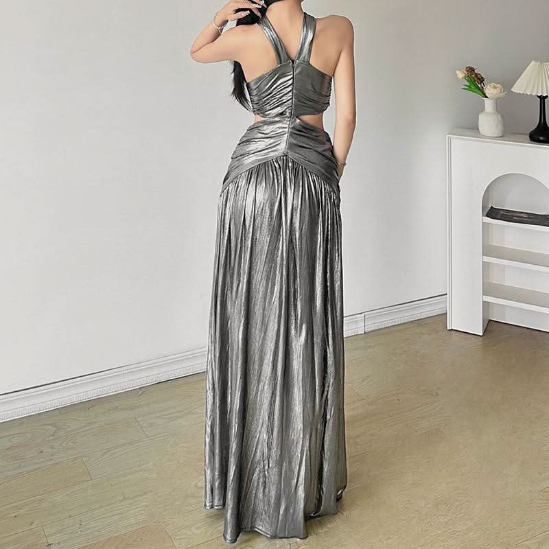 Cross front hollow out high slit ruched metallic cut out maxi dress