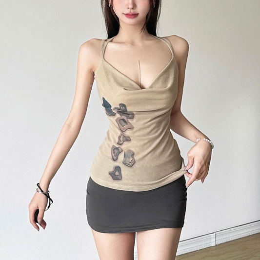 Cross back cowl neck mesh print cami top