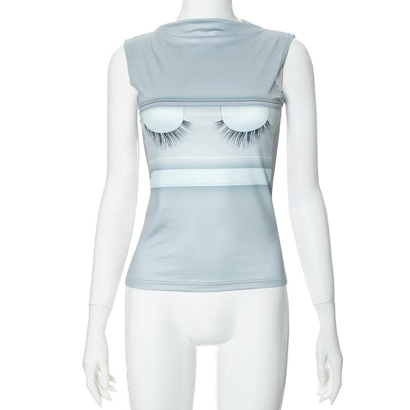 Eyelash print crewneck sleeveless top