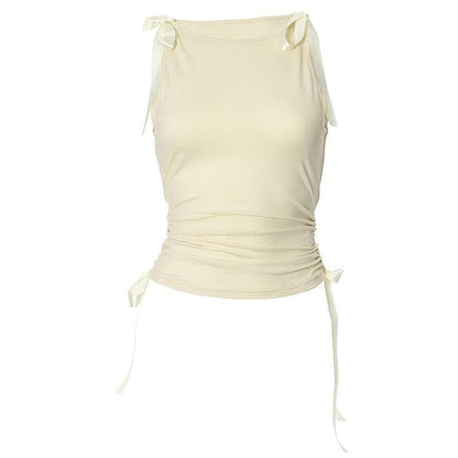 Bowknot ribbon drawstring ruched sleeveless top