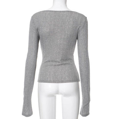 Bowknot applique contrast long sleeve round neck top