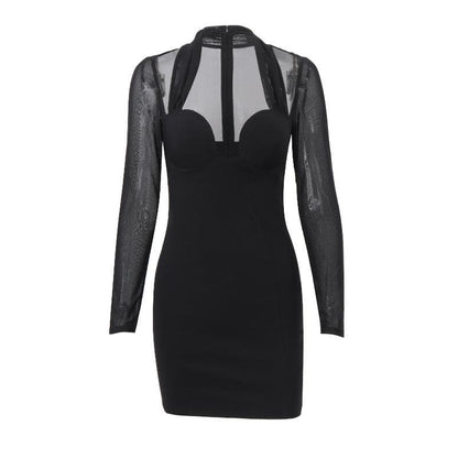 Long sleeve halter mesh zip-up mini dress